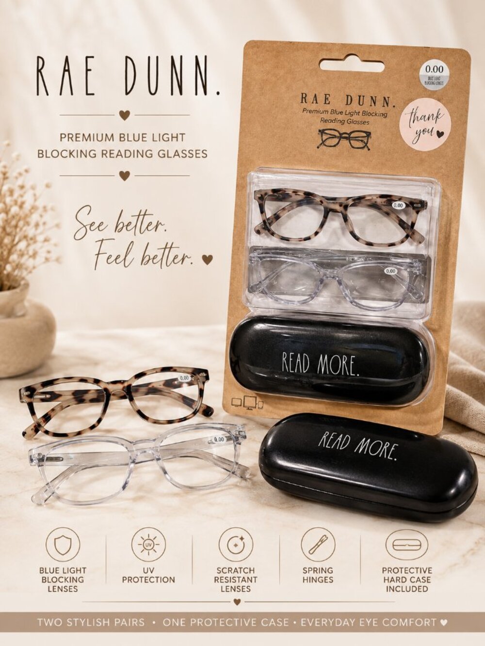 Rae Dunn Blue Light Blocking Glasses 2 Pair Tortoise Clear + Case 0.00 NWT